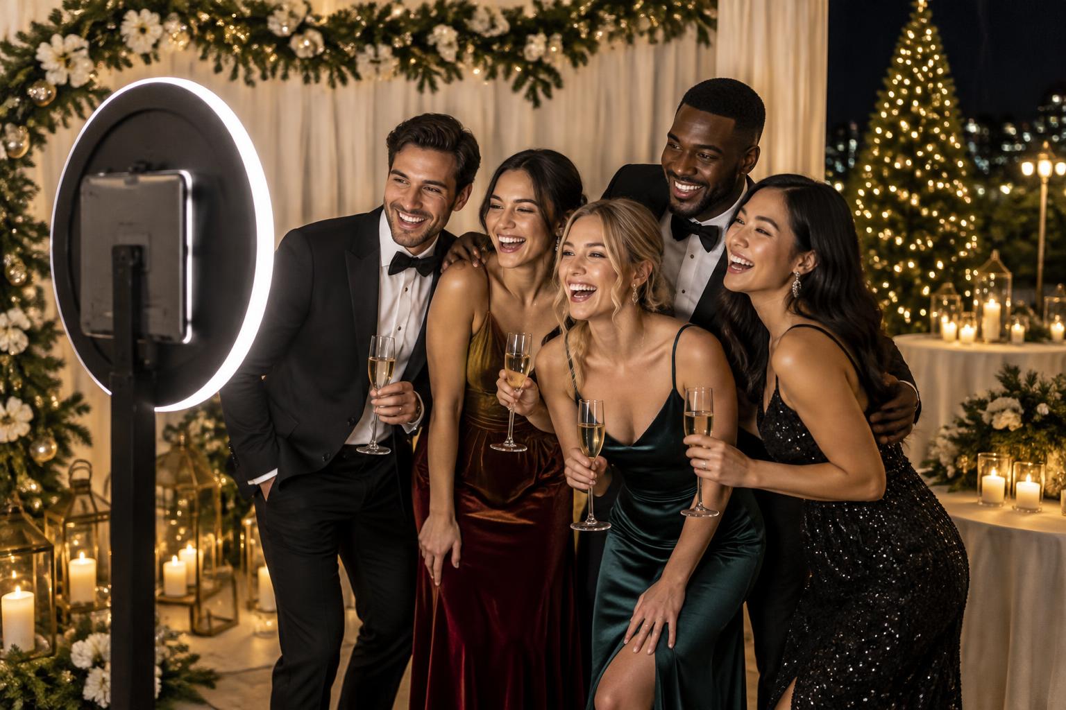 Elegant guests at a holiday gala posing at a ring-light photo booth